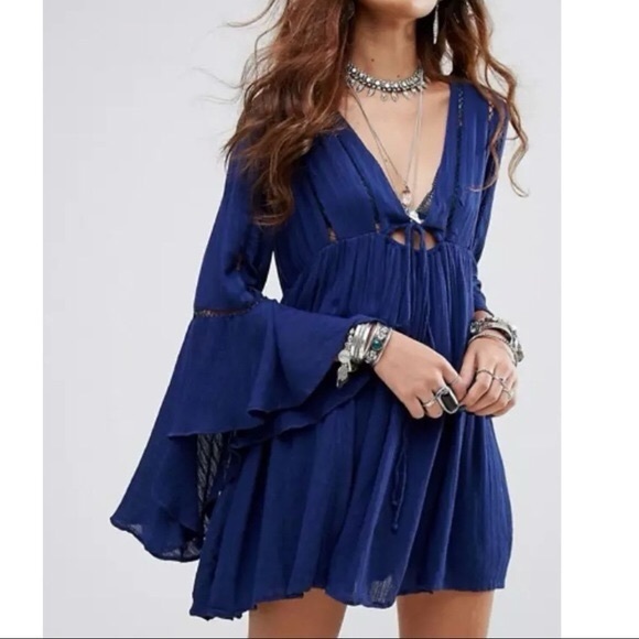 Free People Romeo Navy Bell Sleeve Dress - Picture 1 of 9
